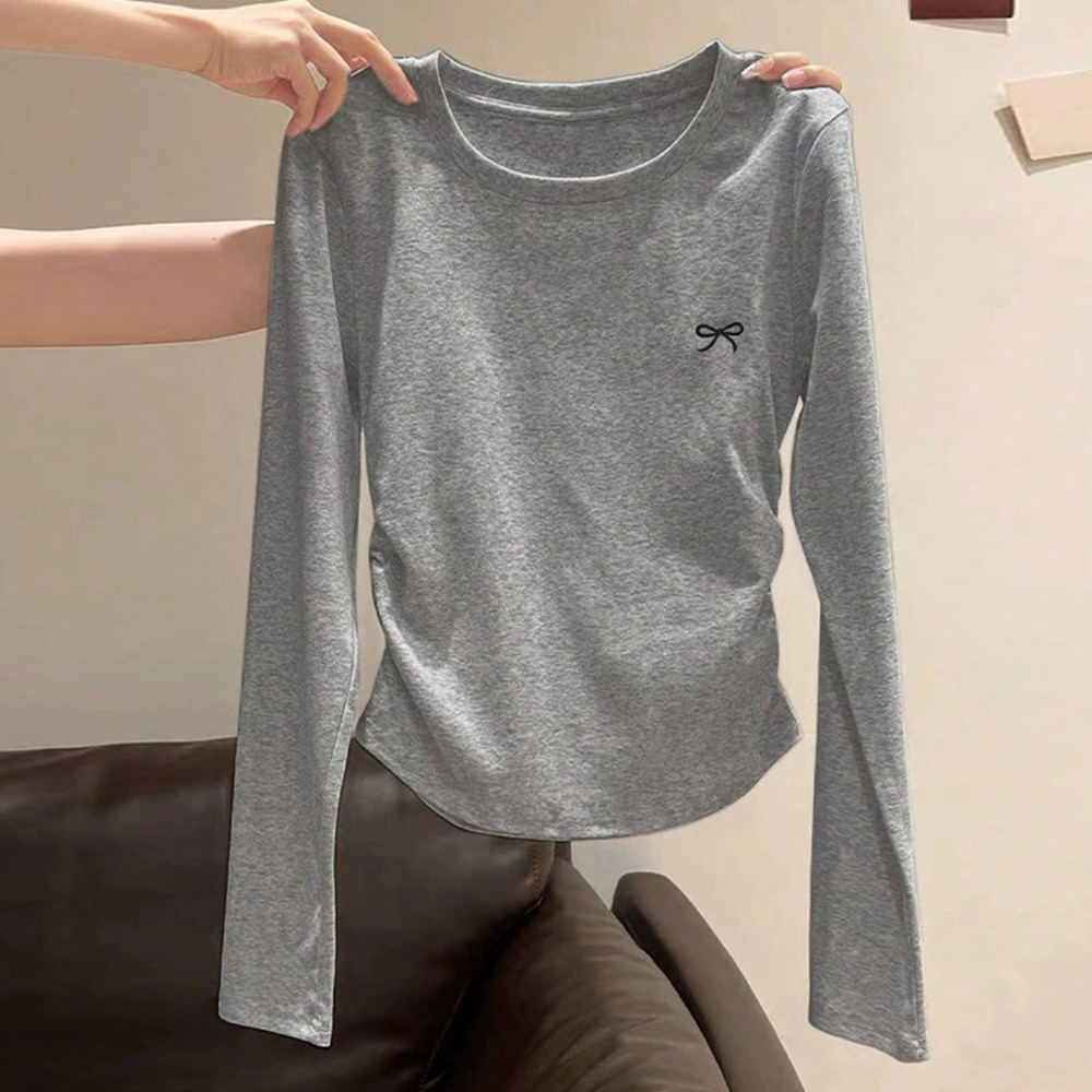 H&M Spring Autumn Solid Color Long Sleeve Shirred Waist Crew Neck Pullover Tee